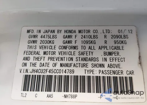 2012 Acura Tsx 2.4 z USA, uszkodzony, nr VIN JH4CU2F45CC014789